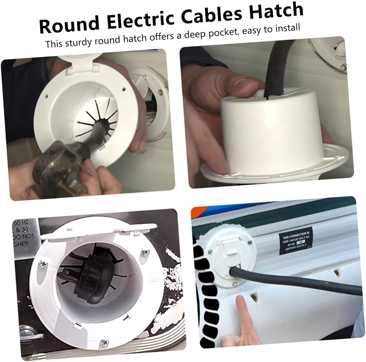 White Round Electric Cable Hatch Rv Cord Cover with Back Durable and Uv-Resistant Fits Standard Cords for Campers and Trailers