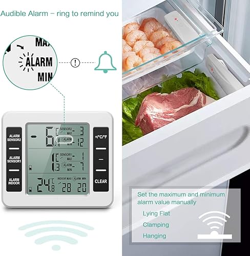 Miniatura 7 de ORIA termómetro de refrigerador, inalámbrico, digital, termómetro para congelador con 2sensores inalámbricos, alarma audible, registro mínimo y