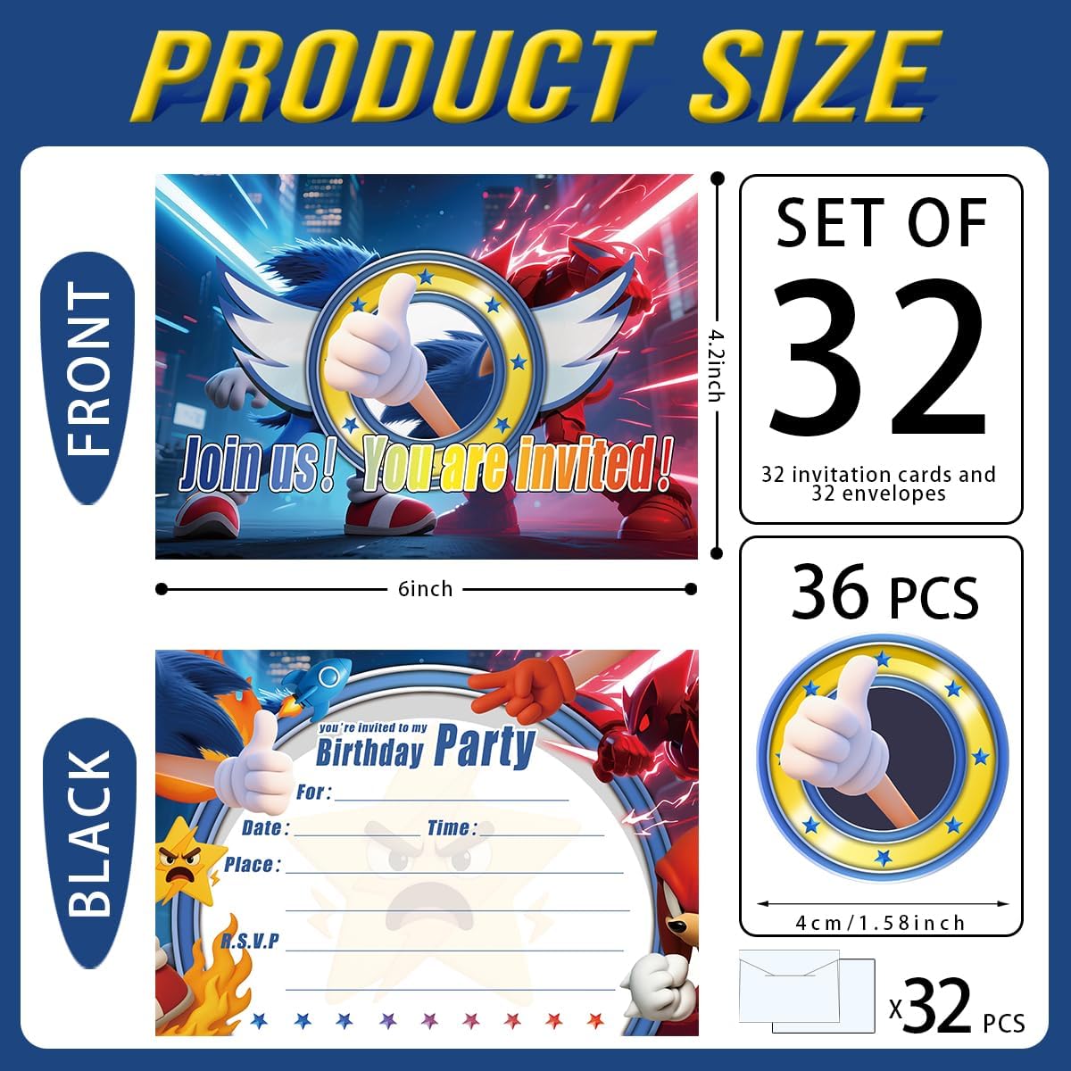 32 Pack Blue Hedgehog Video Game Theme Birthday Party Invitations with Envelopes, Fill-In Invite Cards for Kids, Action Cartoon Gamer Design, 6 x 4.2 Inch