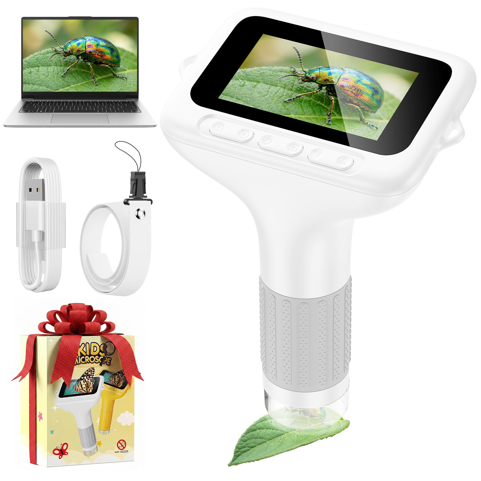 Microscopio Digital Niños 1000x, Microscopio Portátil Niños con Pantalla HD de 3,0 Pulgadas, Función de Fotografía y Compatible con PC para Jardín, Bosque y Al Aire Libre (Blanco)