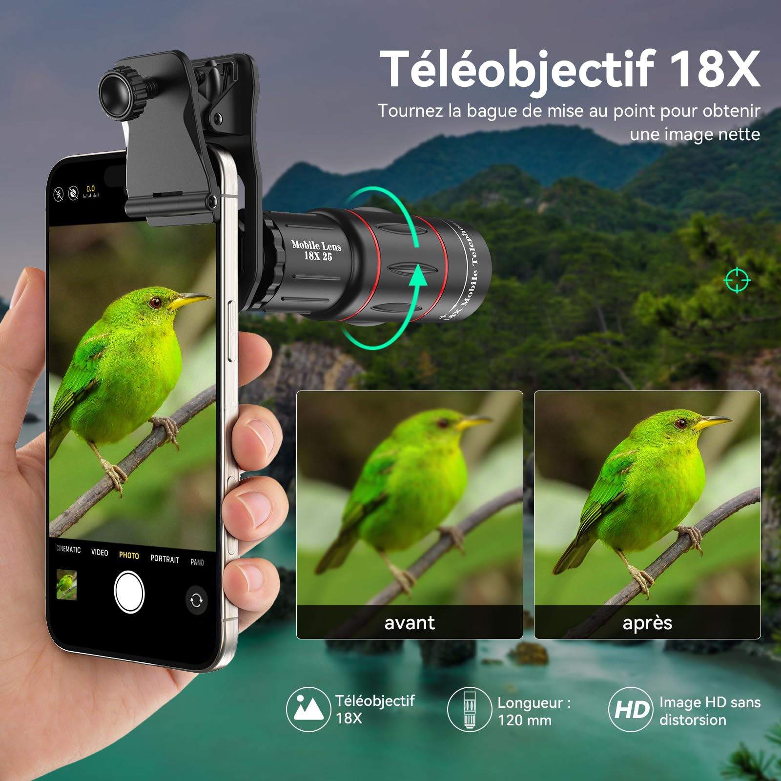 Evil Eye 18X Téléobjectif iPhone/Smartphone – Téléobjectif Zoom Téléphone Portable, Objectif iPhone HD pour Photographie Sportive et Faune Sauvage
