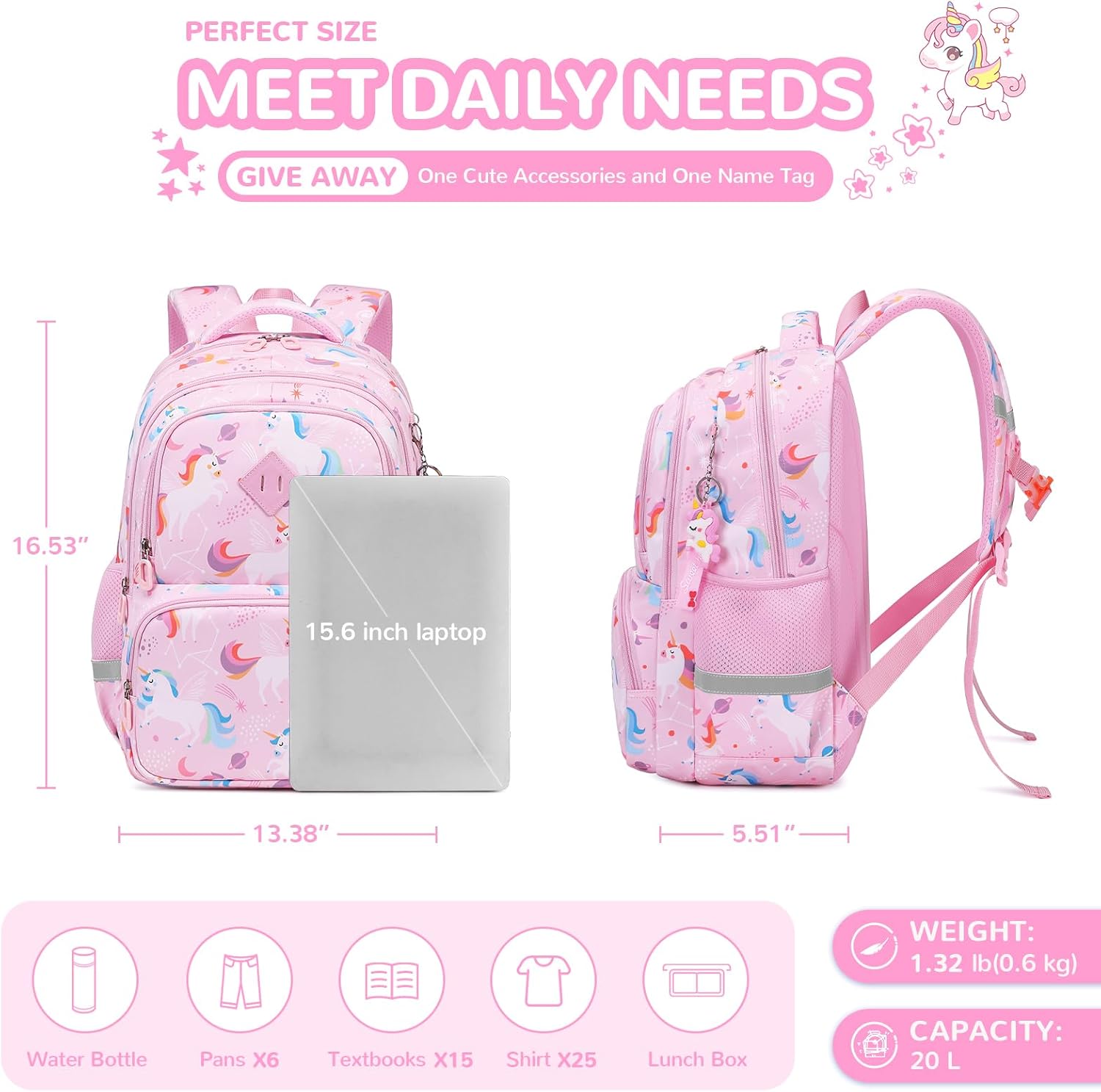Unicorn Kids Backpacks, Girls Elementary School Backpack, Lightweight Kindergarten Bookbag, Water Resistant Pink Girls Backpacks - Image 2