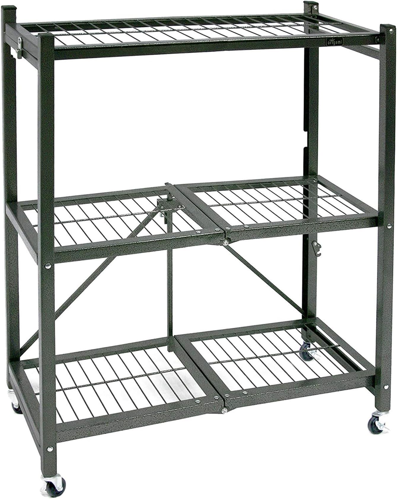 Origami 3-Tier Foldable Storage Shelves, Heavy Duty Rolling Shelf Rack with Wheels, Pewter