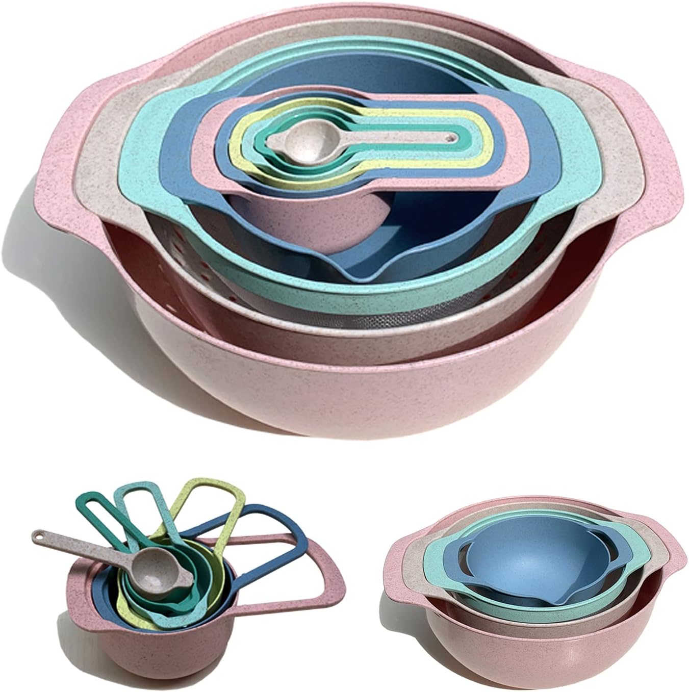 10-piece wheat straw measuring bowl-multifunctional set, used for mixing salad, washing fruits and vegetables, baking and cooking