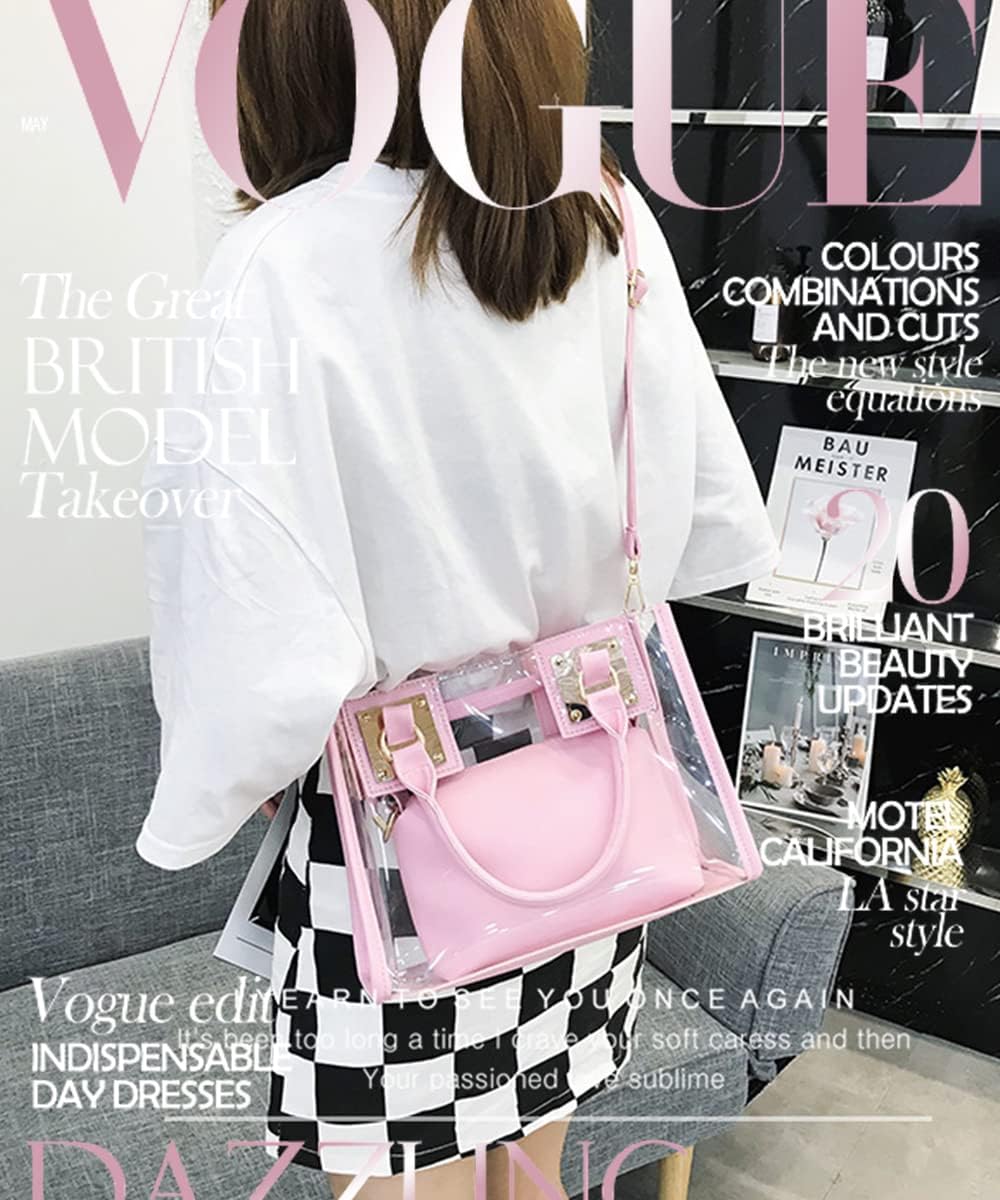 Women Fashion 2Pcs Clear Tote Handbag Transparent PVC Summer Jelly Bag Cute Shoulder Crossbody Bag(Pink)
