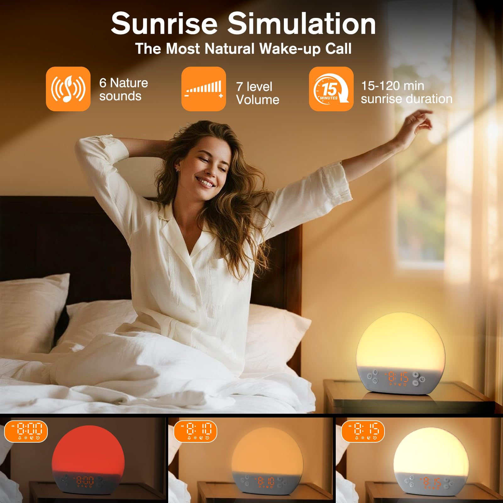 KEPLUG Réveil Lumineux Simulateur d'aube, Eveil Lumière Reveil Matin avec Snooze/Minuteur, Machine Bruit Blanc avec 30 Sons Apaisants, Réveil Lumière Veilleuse Lampe de Chevet pour Enfant/Adulte
