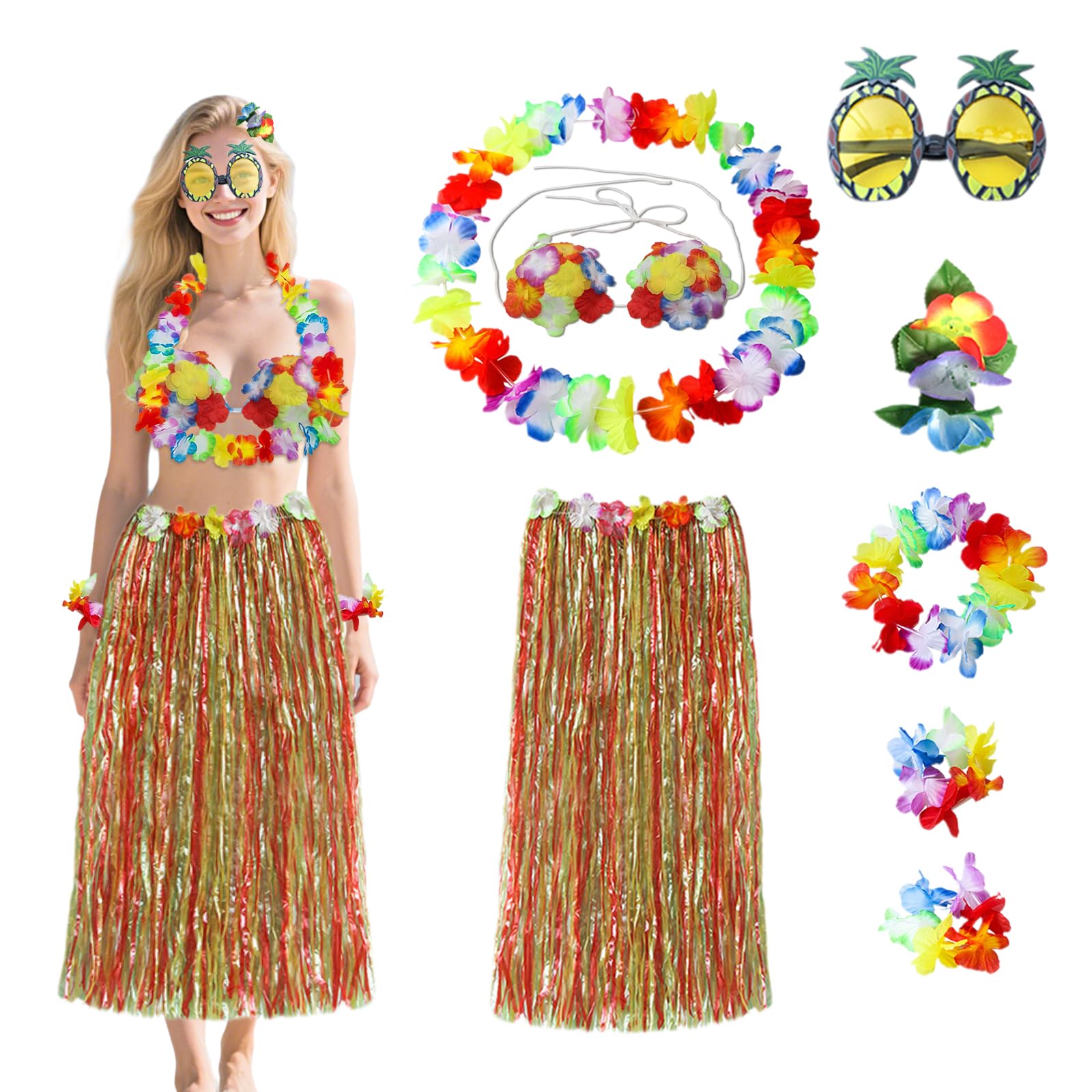 Satiskid 8 PCS Hawaiian Hula Skirt Costume Set, 60cm Hula Grass Skirt Necklace Headband Hawaiian Lei Bikini Top Hibiscus Hair Clip Pineapple Glasses, Summer Beach Tropical Party Decorations (Red)