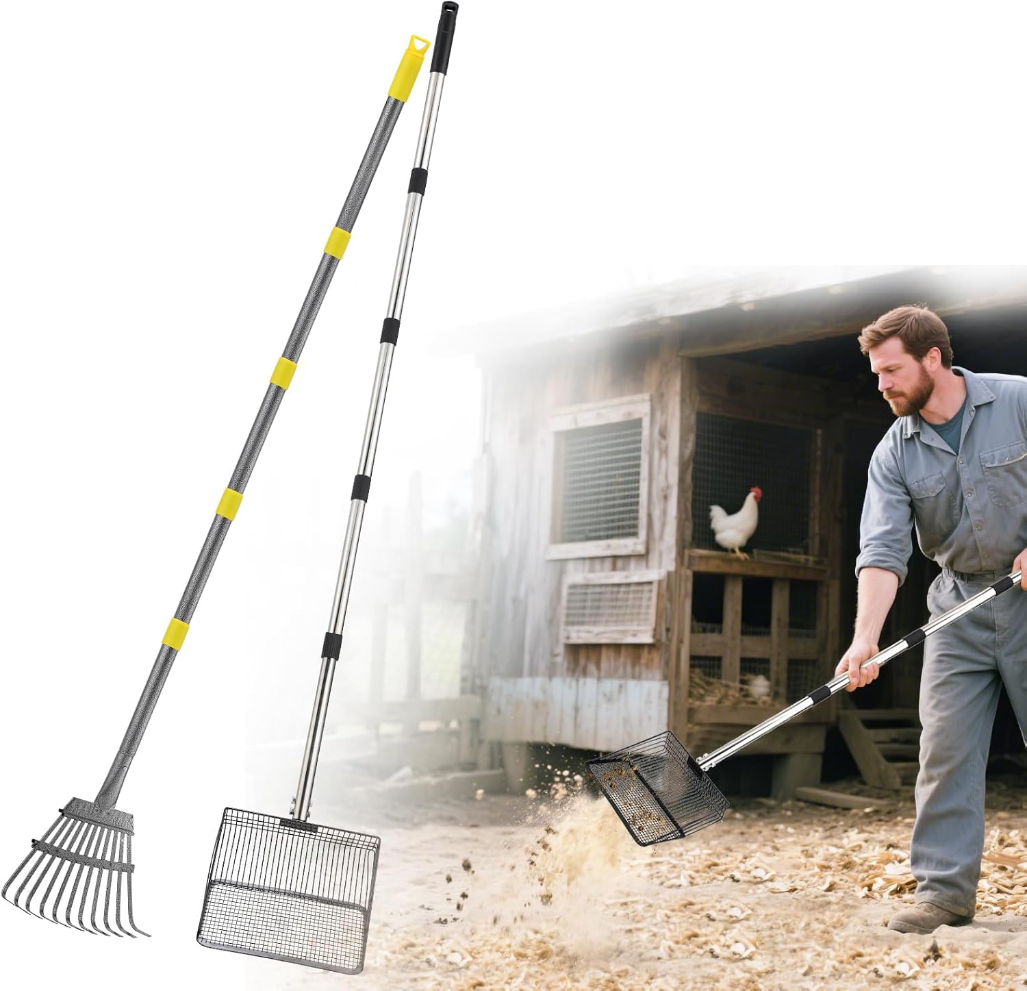Extra Long Chicken Poop Scooper & Rake - Save-Effort 36''-76'' Long Metal 10'' Wide Scooper & 11 Tooth Rake, Chicken Coop Accessories for Efficient Cleaning