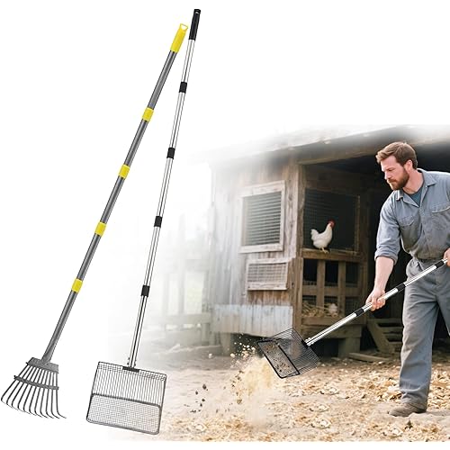 Extra Long Chicken Poop Scooper & Rake - Save-Effort 36''-76'' Long Metal 10'' Wide Scooper & 11 Tooth Rake, Chicken Coop Accessories for Efficient Cleaning