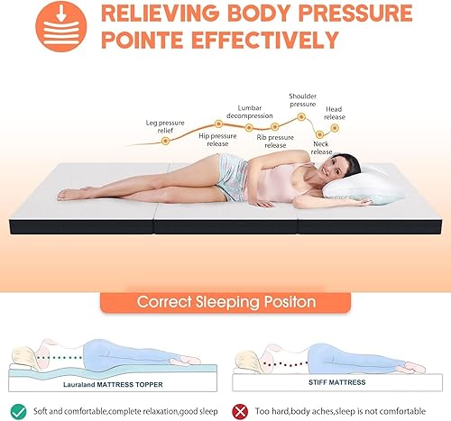 Miniatura 5 de Colchón plegable, colchón triple portátil de tamaño Queen, colchón plegable de espuma viscoelástica con funda lavable para campamento, invitados,