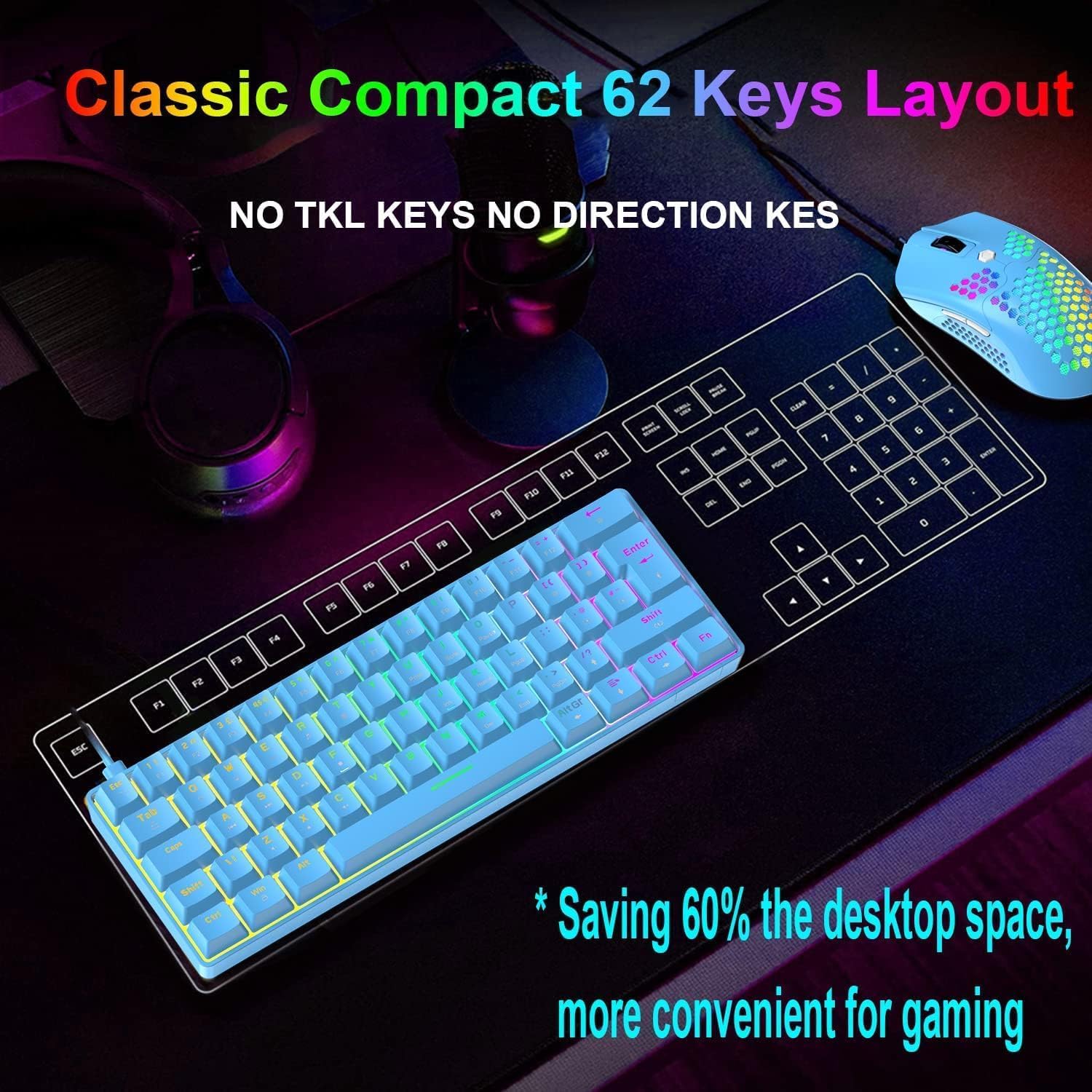 ZIYOU LANG T60 Clavier Et Souris De Jeu Mécaniques 60% [Disposition Britannique] – Mini Clavier Ergonomique Lumineux RVB De Type C – 12 000 DPI, Souris USB en Nid d'abeille– Interrupteur Bleu + Rouge