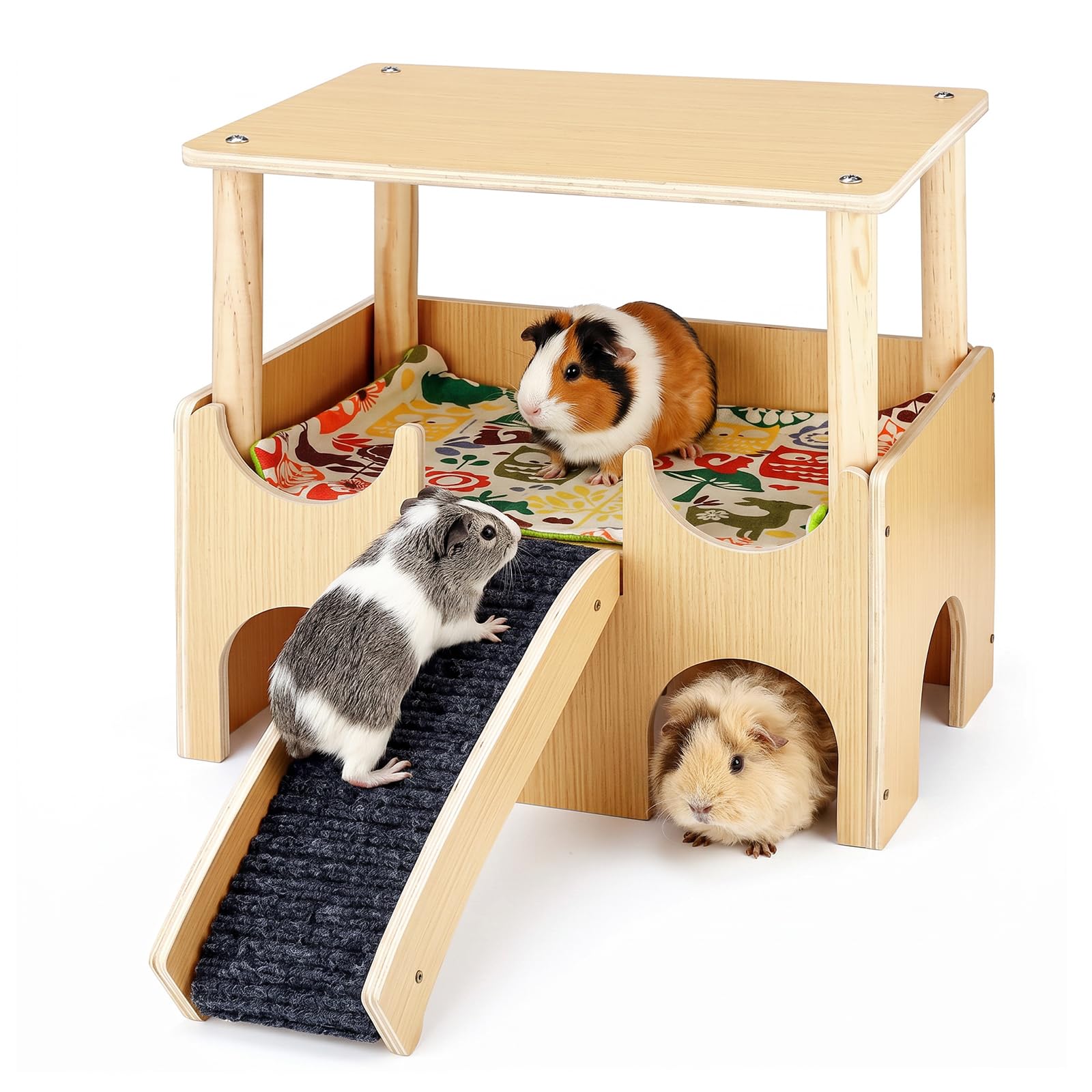 Meerschweinchen Haus aus Holz - Mit Treppe Rampe meerschweinchen Spielzeug Zubehör, Hamsterhaus Hasenhaus Kleintierhaus für Kleintiergehege, Kaninchenhaus gehege Hängematte Käfig