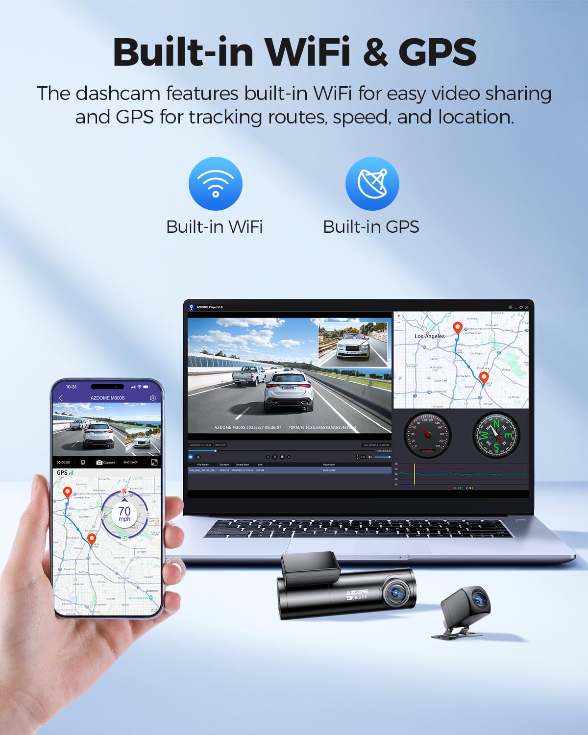 AZDOME 4K Dashcam Voiture Avant Arrière, WiFi GPS Caméra Embarquée Voiture avec Carte SD 64G, ADAS, Camera Voiture Vision Nocturne, WDR, G-Capteur, Mode Stationnement 24H, Enregistrement en Boucle