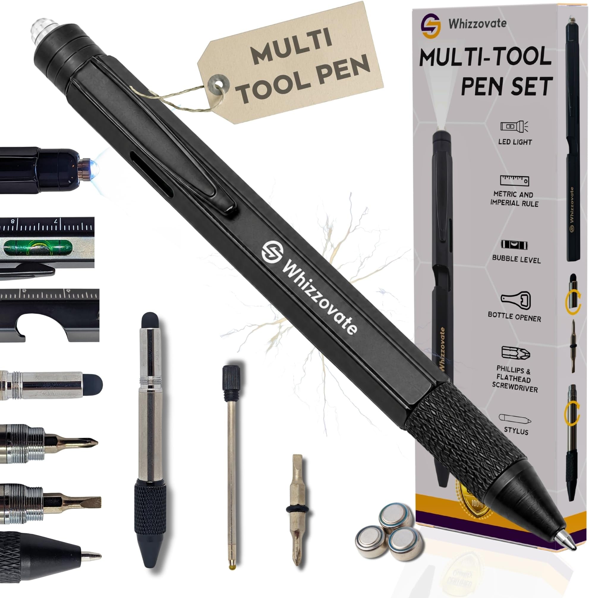 Multi Tool Pen for Men, 9-in-1 Multitool Pen with Screwdriver, Spirit Level, LED Light & Stylus | Gift for Dad, Grandad, Husband | Fathers Day, Christmas Gift Idea | Whizzovate