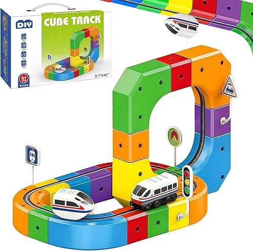 Cubo de riel magnético, pistas mágicas, tren, carril eléctrico, con rieles cúbicos y letreros flexibles para carreras 3D, pistas de construcción,