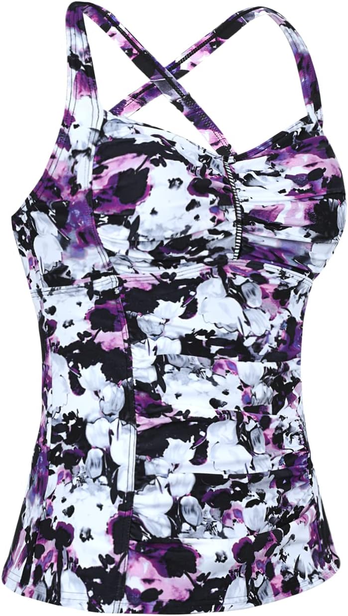 Hilor Women's Tankini Tops Shirred Tummy Control Swimsuits Cross Back Tankini Swimwear Tops - Image 2