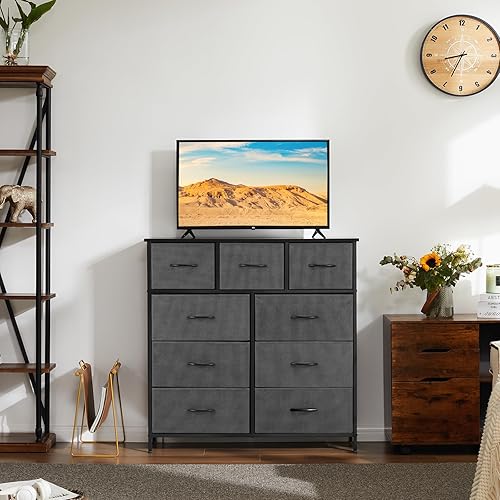 Vista 206 de DUMOS Cómoda para dormitorio, 4 cajones, organizador de cofres altos de tela, muebles de torre con marco de metal superior de madera para sala