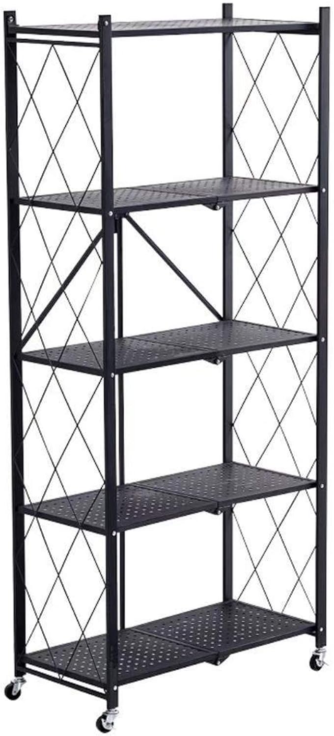 Storage Shelves, Closet Organizers and Storage 5-Shelf Foldable Metal Shelving Units 28" W x 14" D x 65" H for Garage Kitchen Bakers, Collapsible Organizer Rack, Heavy Duty on Wheels (5 SHELF)
