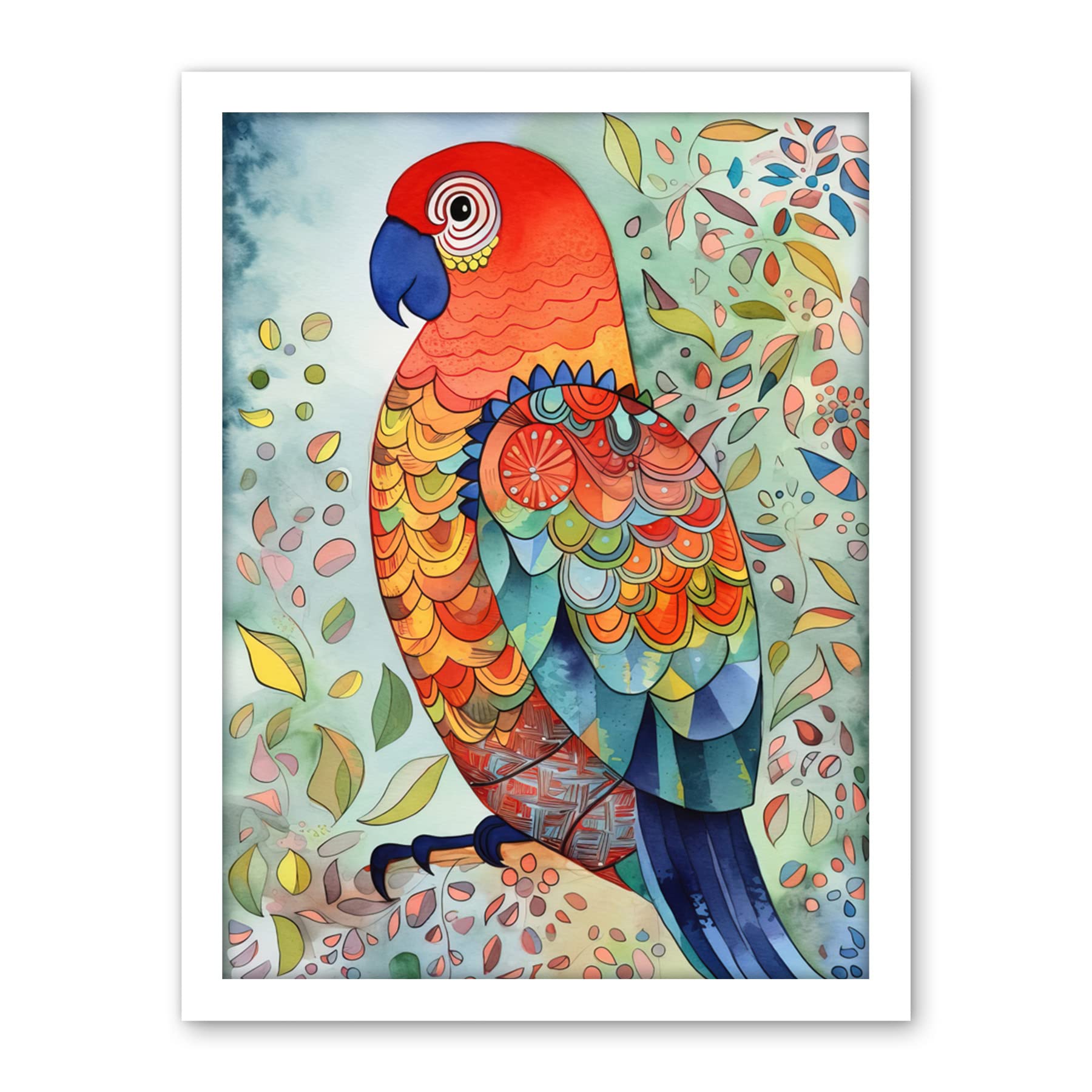 Artery8 Parrot Bird Portrait Folk Art Watercolour Painting Artwork Framed Wall Art Print 18X24 Inch
