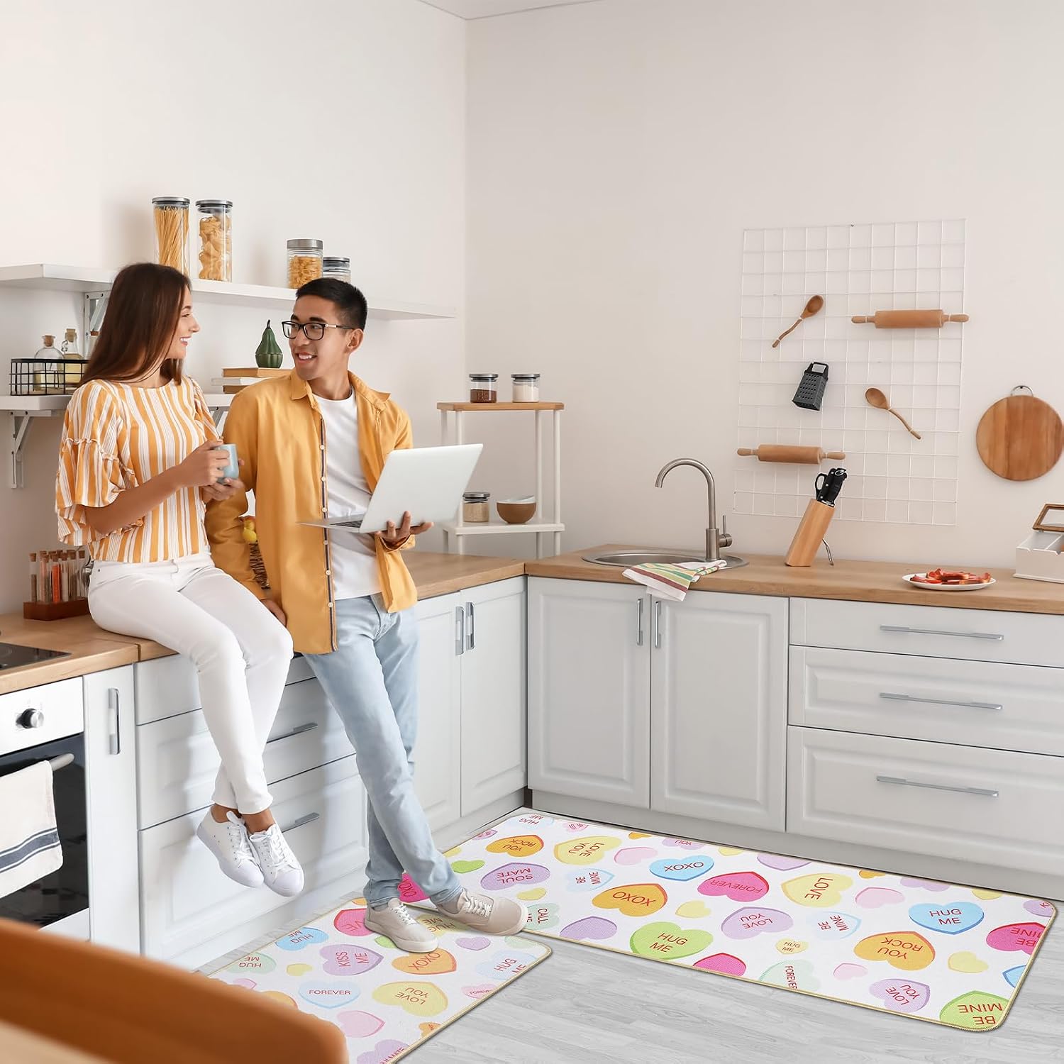 Naozinebi Valentine’s day Mats Set of 2 Love Heart Valentines Kitchen Rugs Conversation Heart Floor Mats Welcome Door Mat for Holiday Outdoor Home Kitchen Bathroom Decoration 17 x 29Inch, 17 x 47 Inch