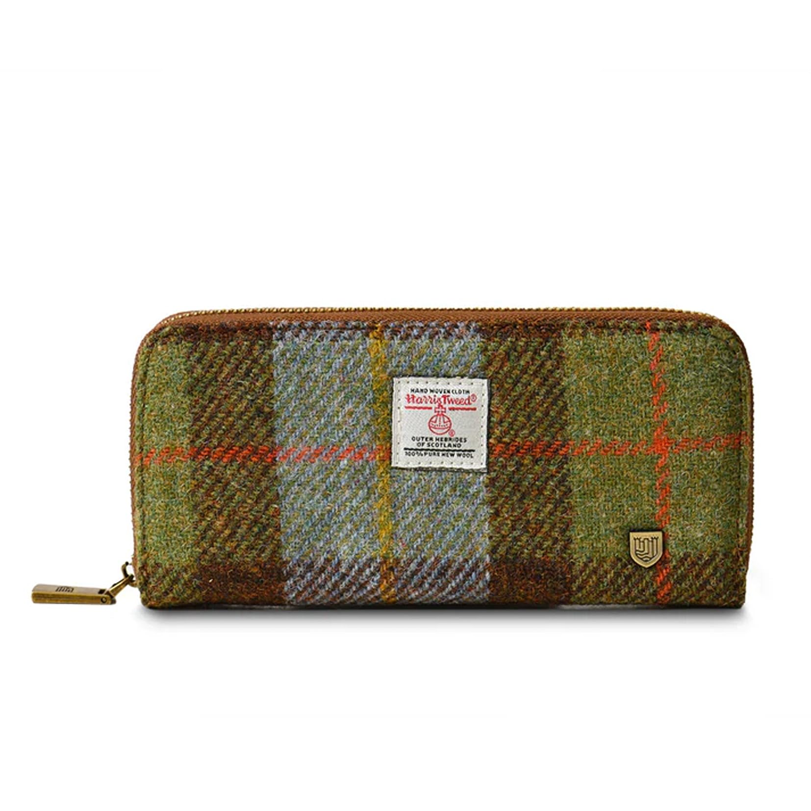 Islander HarrisTweed &amp; PU Leather women’s long zip purse, Carry Cash &amp; card, Scottish Style, Chestnut and Blue Tartan