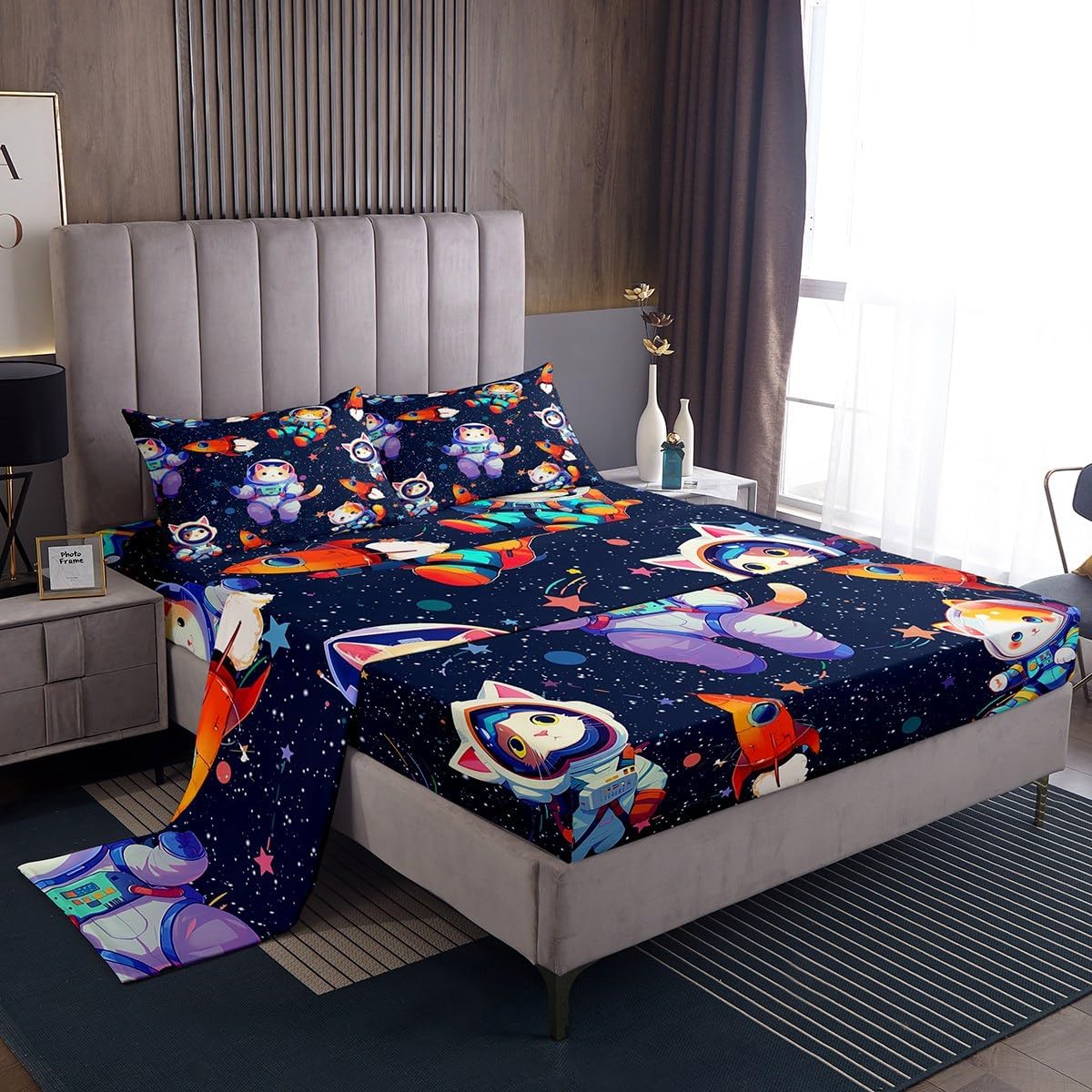 Cartoon Cat Fitted Sheet Set Full Size 4 Pcs,Starry Galaxy Teens Sheets,Astronauts Outer Space Universe Bedding Sets (1 Fitted,1 Flat,2 Pillowcases)