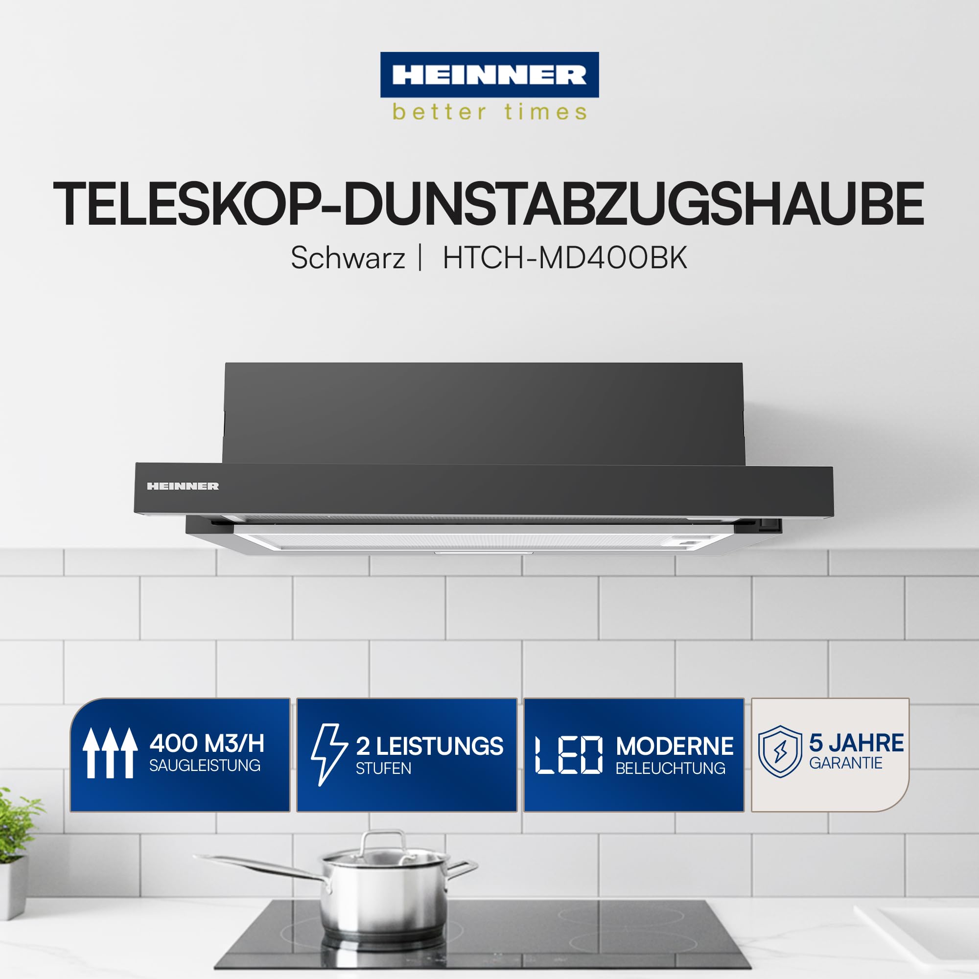 HTCH-MD400IX 60 cm Teleskop-Unterbau-Dunstabzugshaube 400 m³/h LED-Beleuchtung Silber Waschbare Filter