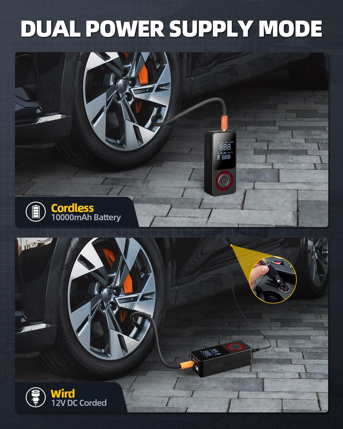 Inflador de neumáticos, compresor de aire portátil, bomba de aire inteligente para neumáticos de coche con 3 modos de luz, medidor de presión digital, adaptador de corriente de coche de 12 V, caja de