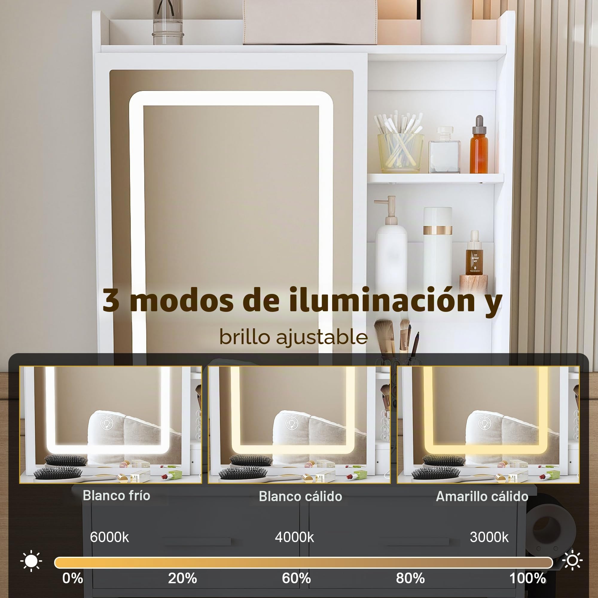 Pequeño tocador blanco con espejo ajustable iluminación LED y enchufe, incluye taburete acolchado, espacio de almacenamiento oculto y estante, para dormitorios pequeños B60/H136/T36 cm