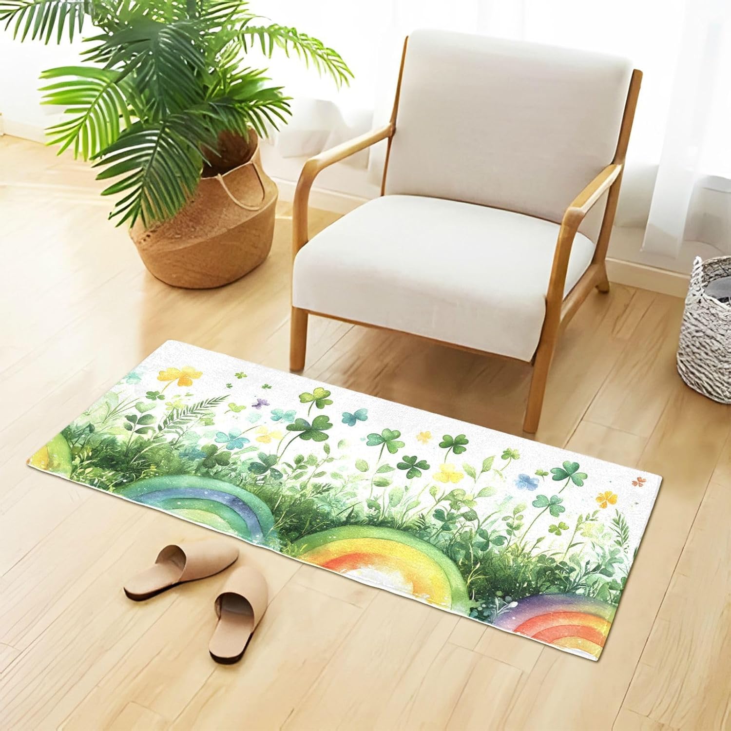 St. Patrick's Day Rugs Fluffy Bath Rugs, Rainbow Clover Plush Bathroom Rug Kitchen Rug Soft Fuzzy Mat Carpet Shaggy Shower Rug Water Absorbent