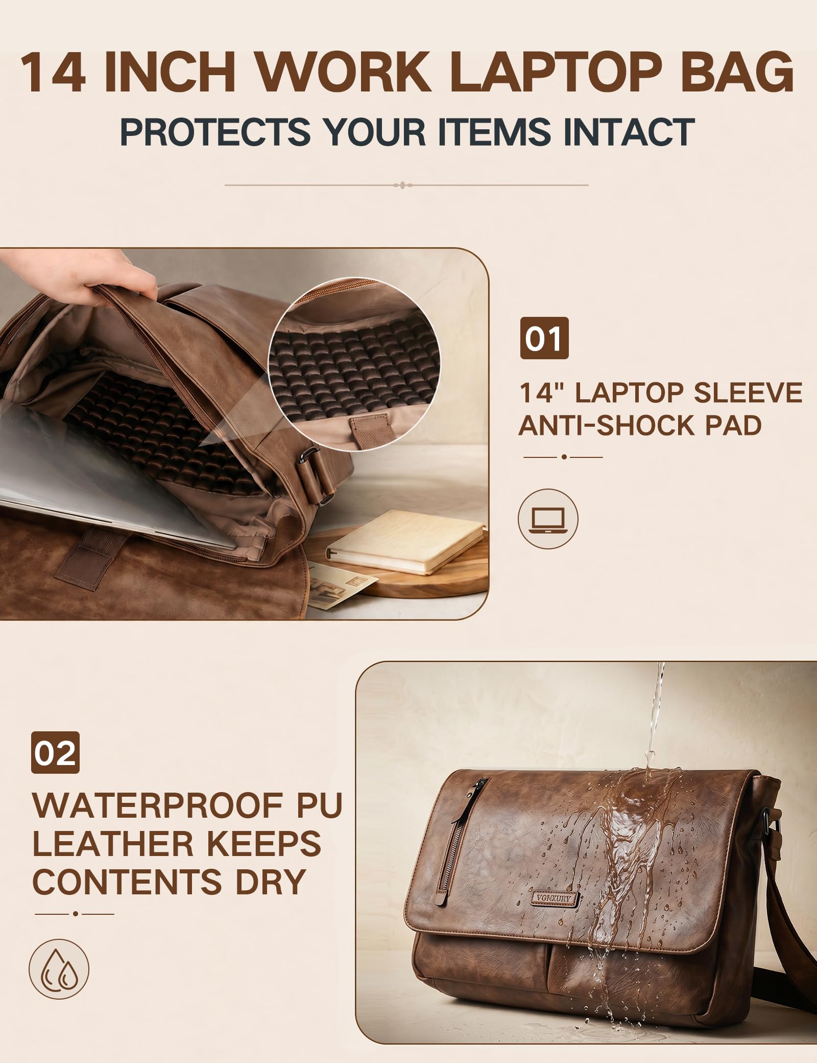 VX VONXURY Umhängetasche Herren und Damen, Vegan Leder 14 Zoll Laptoptasche Messenger Bag Arbeitstasche für Arbeit Schule(Braun)
