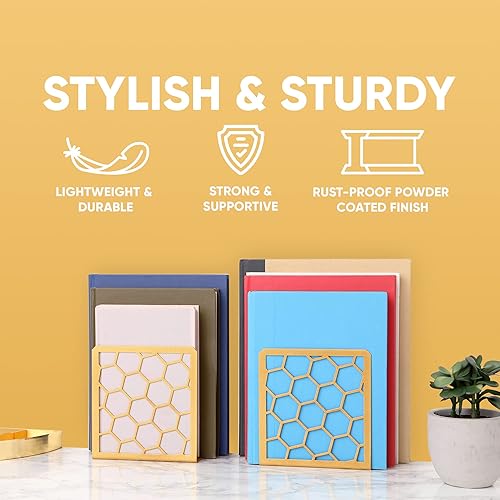 Vista 20 de GEOMOD Sujetalibros geométricos de metal amarillo de panal decorativos, extremos altos y resistentes para estantes, moderno y resistente, soporte