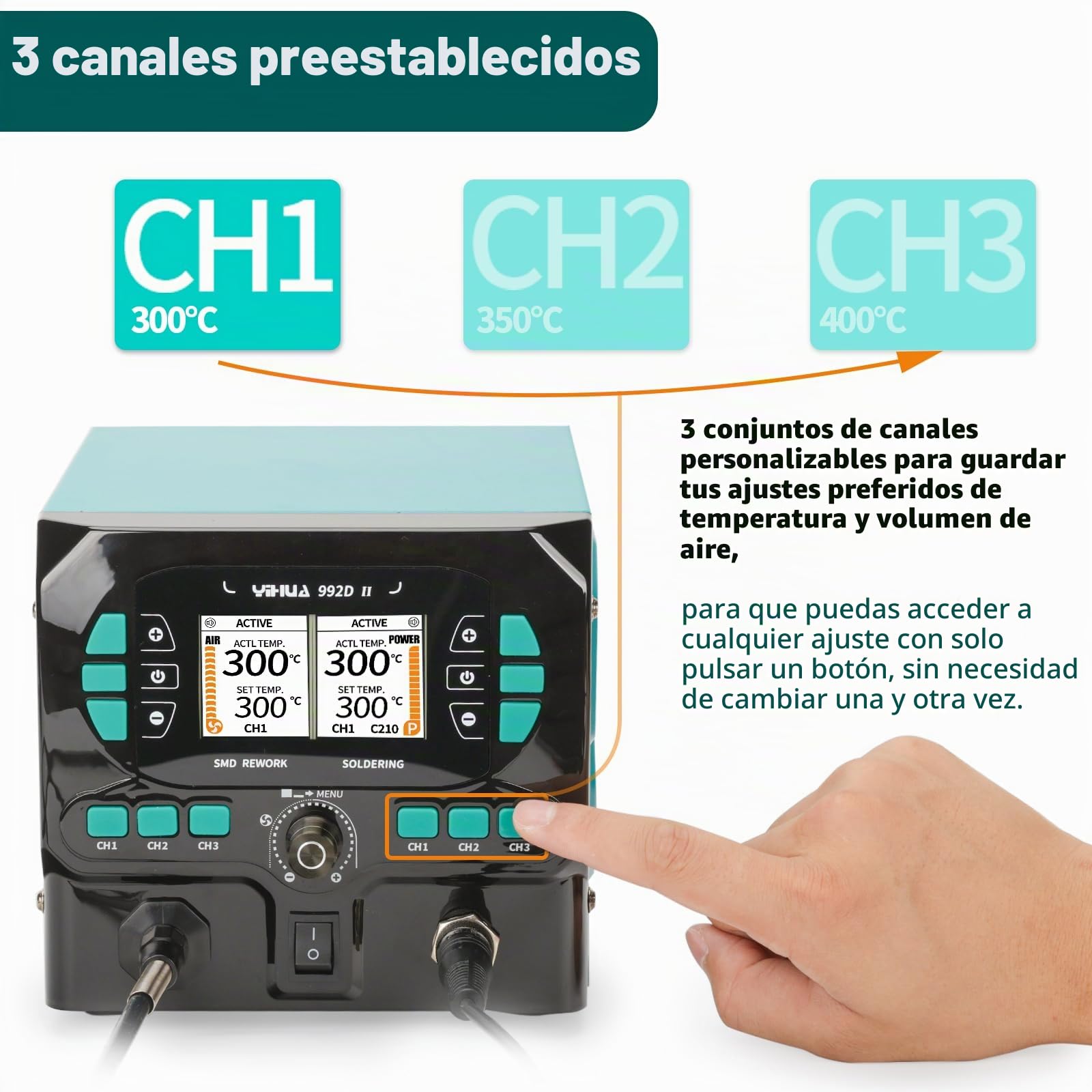 YIHUA 992D-II Kit de Soldador Estaño de precisión 2-EN-1 con lápiz de aire caliente y soldador de precisión C210 de Estacion de Soldadura, pantalla LCD dinámica, 8 boquillas de aire caliente