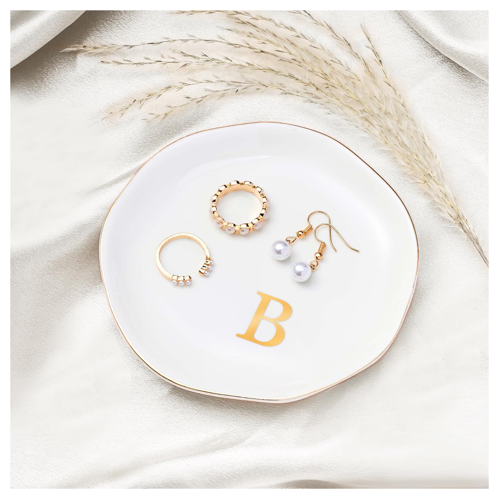 ProCaseProCase Ceramic Jewelry Tray, Initial Ring Dish Trinket Plate Engagement Gift, Small Personalized Monogram Ring Bowl for Wedding, White Decorative Jewelry Holder for Women Vanity -Letter B