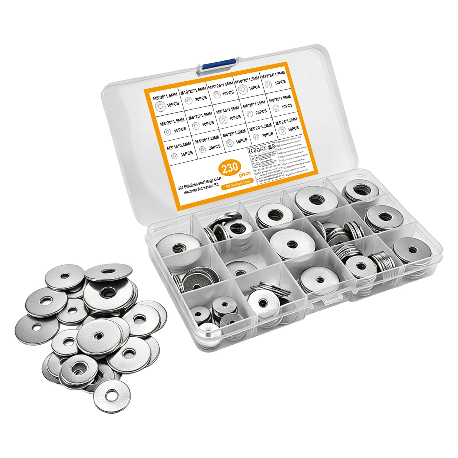 230 Pcs Assorted Washers for Screws, Stainless Steel Flat Penny Washers for Bolts, Large Plain Round Fender Flat Washer Assortment Kit for Bolts & Screws, M3 M4 M5 M6 M8 M10 M12 Washer Set (230)