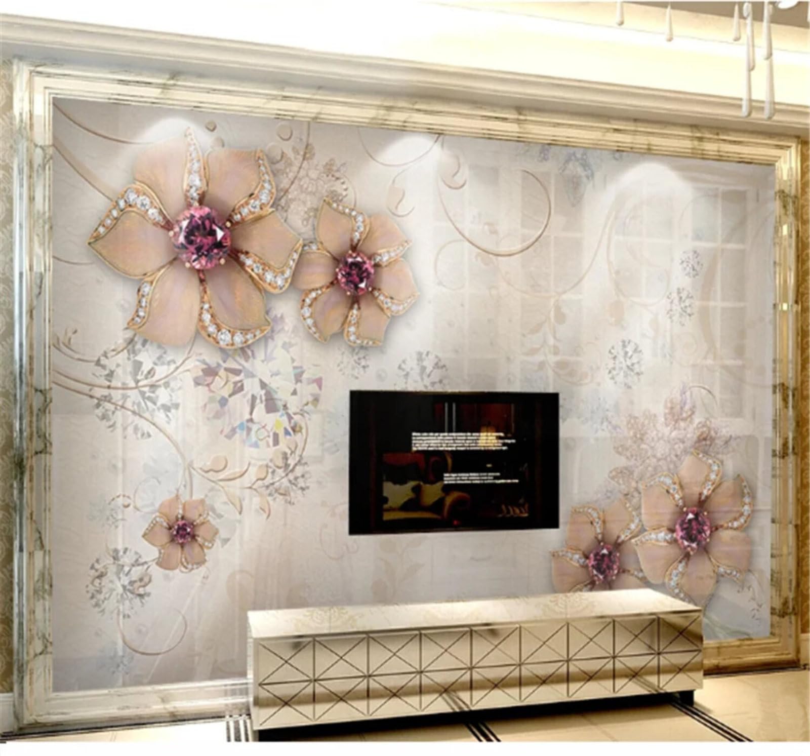 Tzxztt Minimalist Luxury Diamonds Flowers Jewellery Modern 3D Wallpaper Premium Textured Silk Neutral Tones Material Ideal for Living Room Bedroom-250cm×170cm
