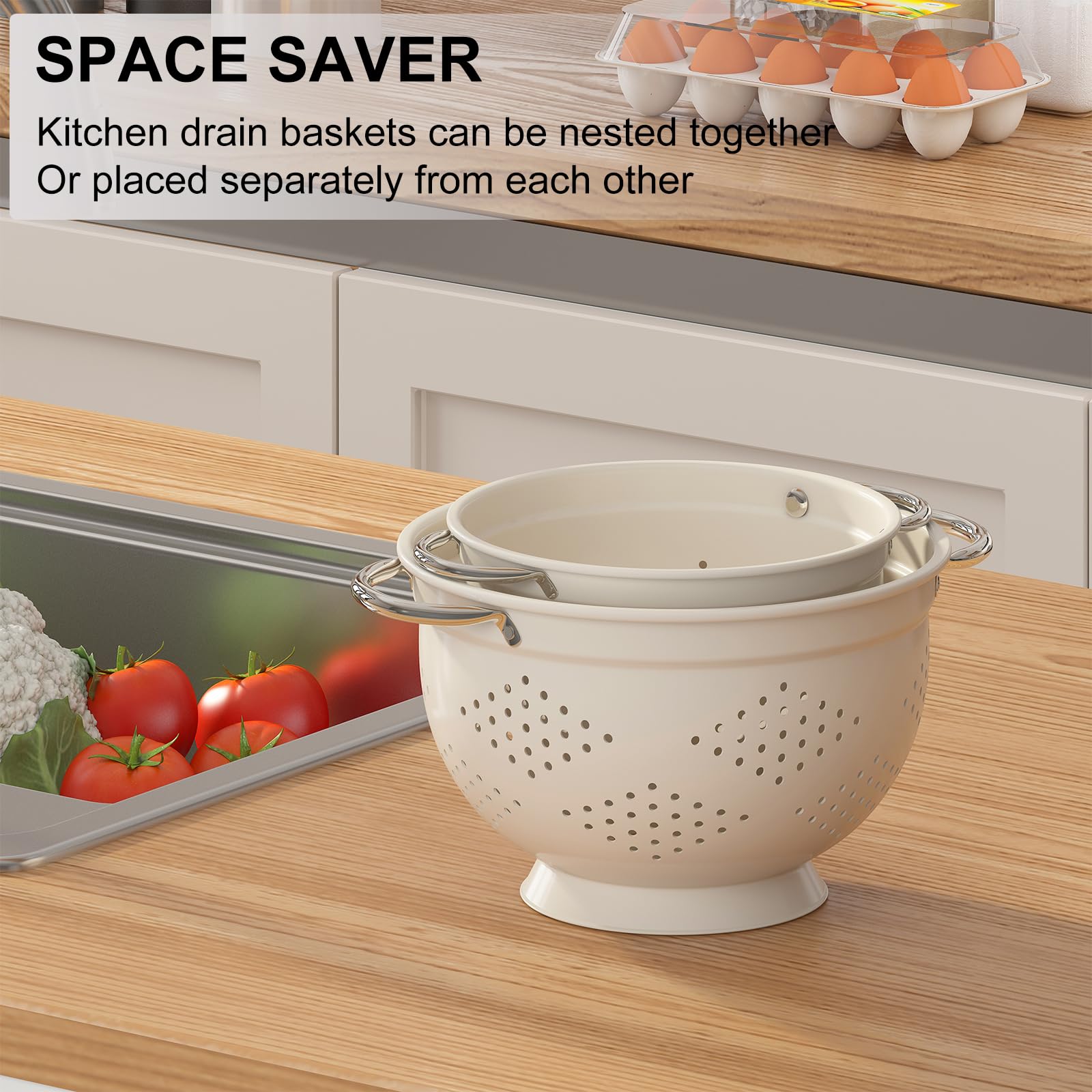 Juego de 2 coladores de metal, cesta coladora con asas de 2 y 3.5 cuartos de galón, perfecto para pasta, verduras, bayas, verduras, frutas, base sólida con recubrimiento en polvo, juego de coladores