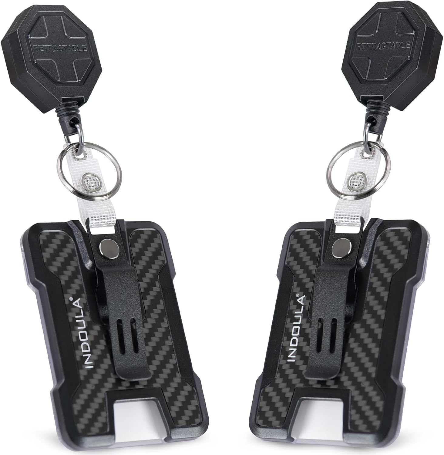 2 Pack Retractable Badge Holder with Belt Clip,Heavy Duty Retractable Keychain with Tactical ID Card Holder (Holds 4 Cards),Carbon Fiber-Texture, with 31.5”Badge Reel