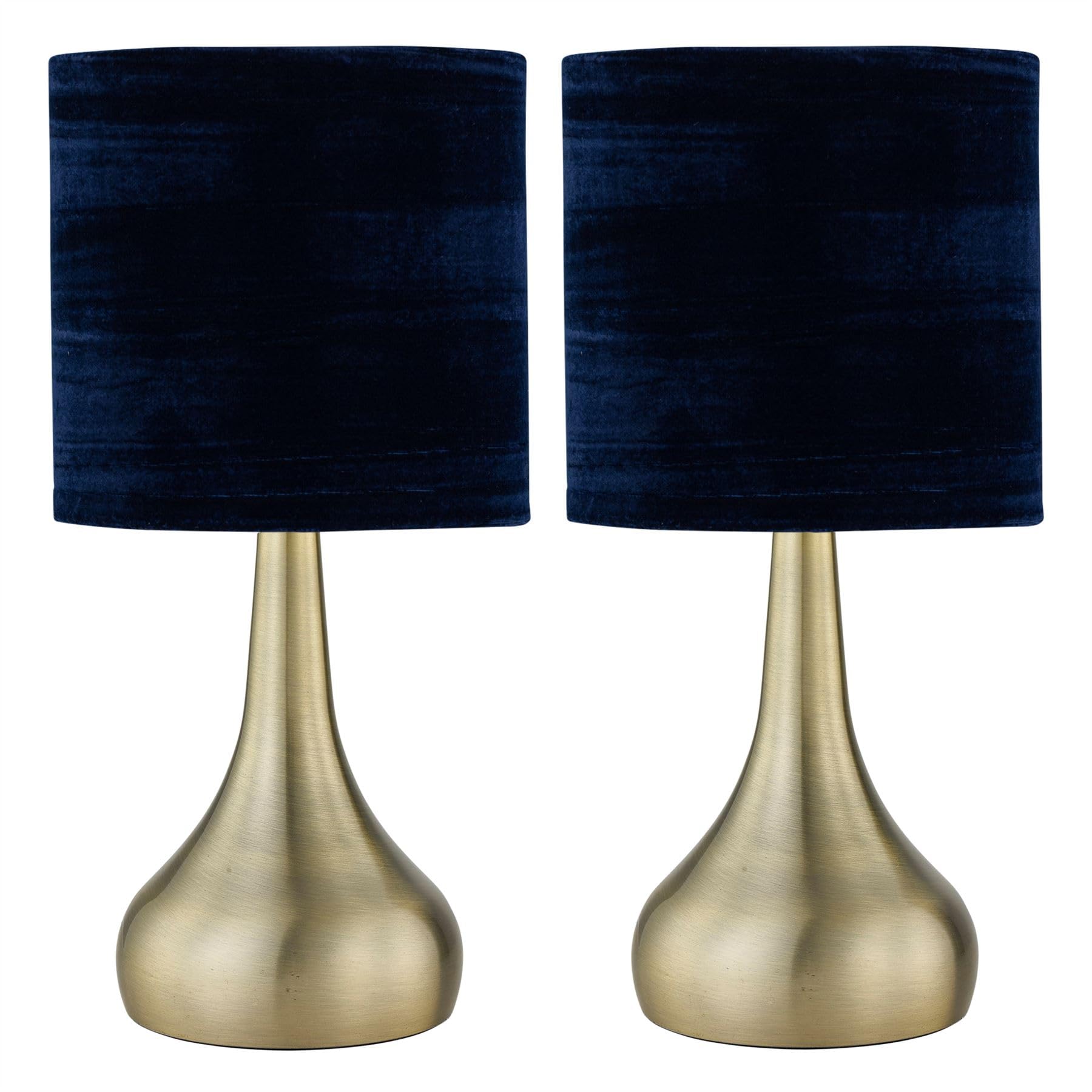Firstchoicelighting Antique Brass & Blue Set Of 2 Antique Brass Touch Operated Table Lamps Or Bedside Lights, Modern Design, Height 36Cm, Navy Blue Crushed Velvet Shade, Led Compatible