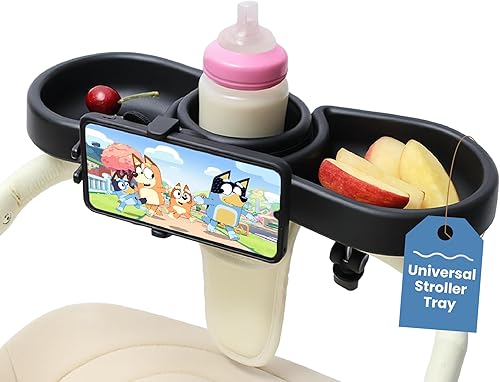 Bandeja universal para cochecito con portavasos y soporte para teléfono, compatible con iPhone 16 Pro Max, rotación de 360, fácil instalación sin