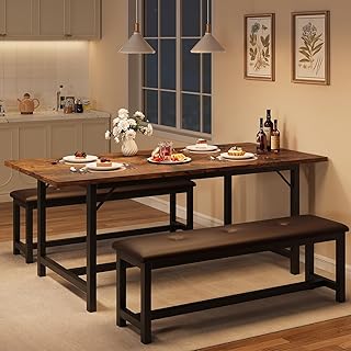 GarveeHome Dining Table Set for 4-6, 63 in Extendable Wood Dining Room Table with Corner Protector & 2 Upholstered Benches, Kitchen Table Set for Apartment, Small Space, Easy Assembly, Retro Brown