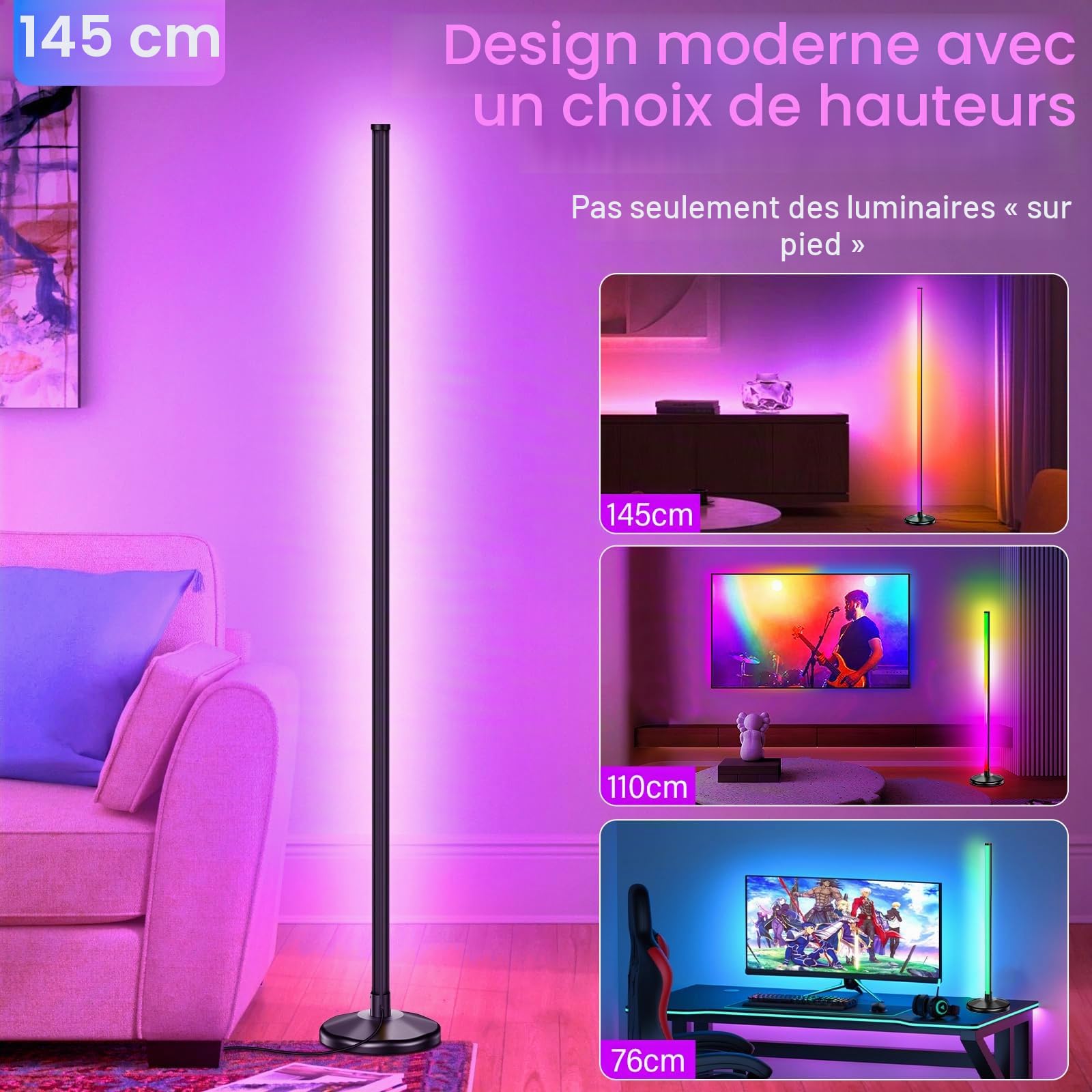 NIKYJM Lampadaire d'Angle LED, Lampe sur Pied RGB 145cm RGB Lampadaire LED, Lampe d'Angle avec APP Contrôle et Télécommande,16 Millions Couleurs et 300 Modes, Musique Sync pour Chambre Salon