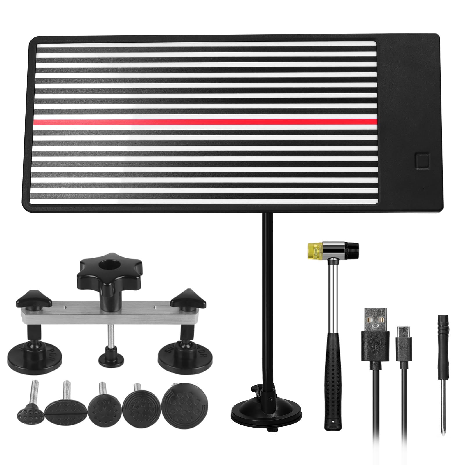 Strumento per la Riparazione di Ammaccature Senza Vernice Pannello a Strisce LED con Estrattore per Ammaccature e Martello in Gomma, 3 Livelli di luminosità, Alimentato Tramite USB/Batteria,