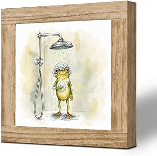 Cute Frog Shower Wooden Plaques, 5.9 x 5.9 Inch Frog Bath Wooden Block Sign, Watercolor Bathroom Shelf Decor for Powder Room, Gift for Frog Lovers Friends