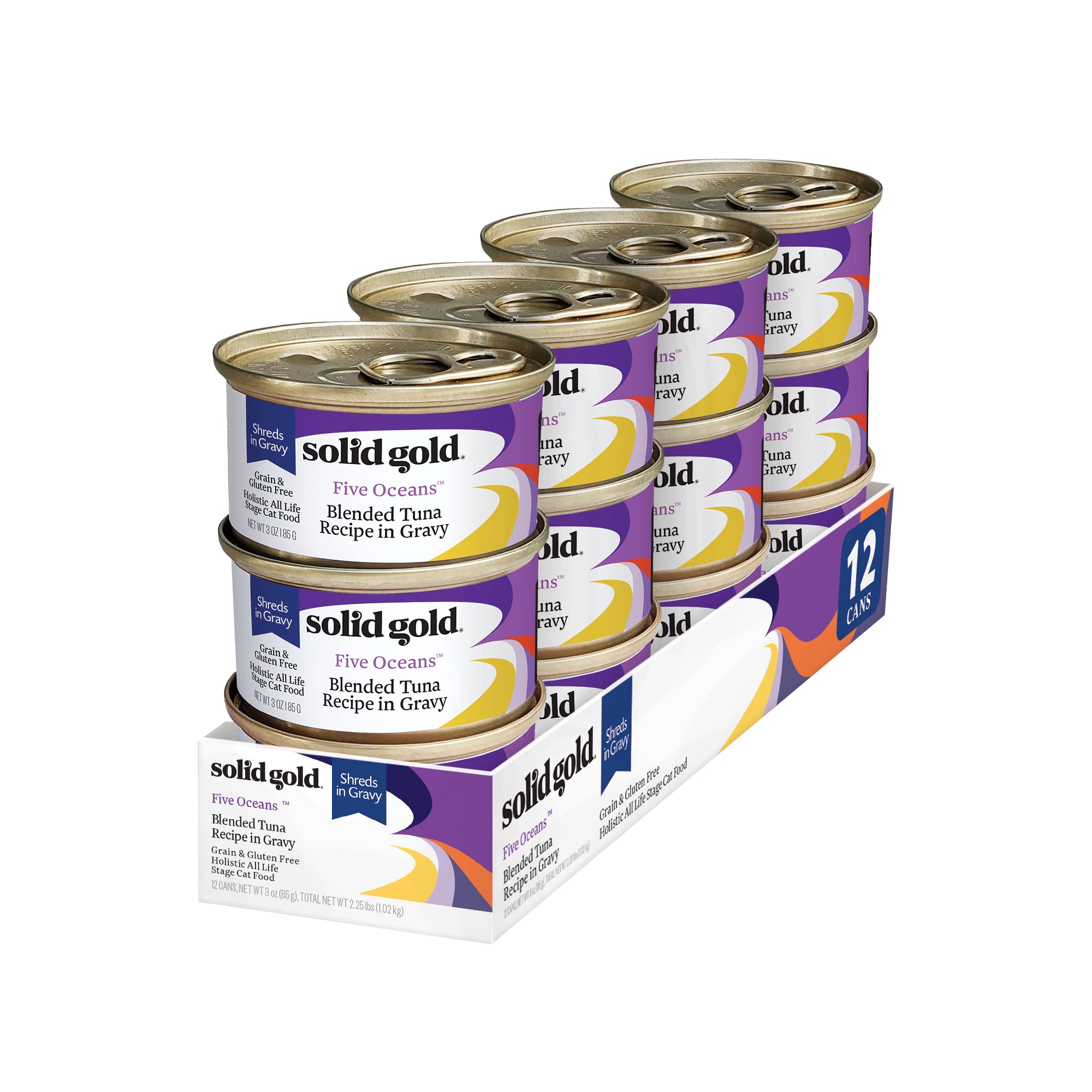 Solid Gold Five Oceans Shreds with Real Tuna in Gravy - Premium Wet Cat Food for All Life Stages, Pack of 12