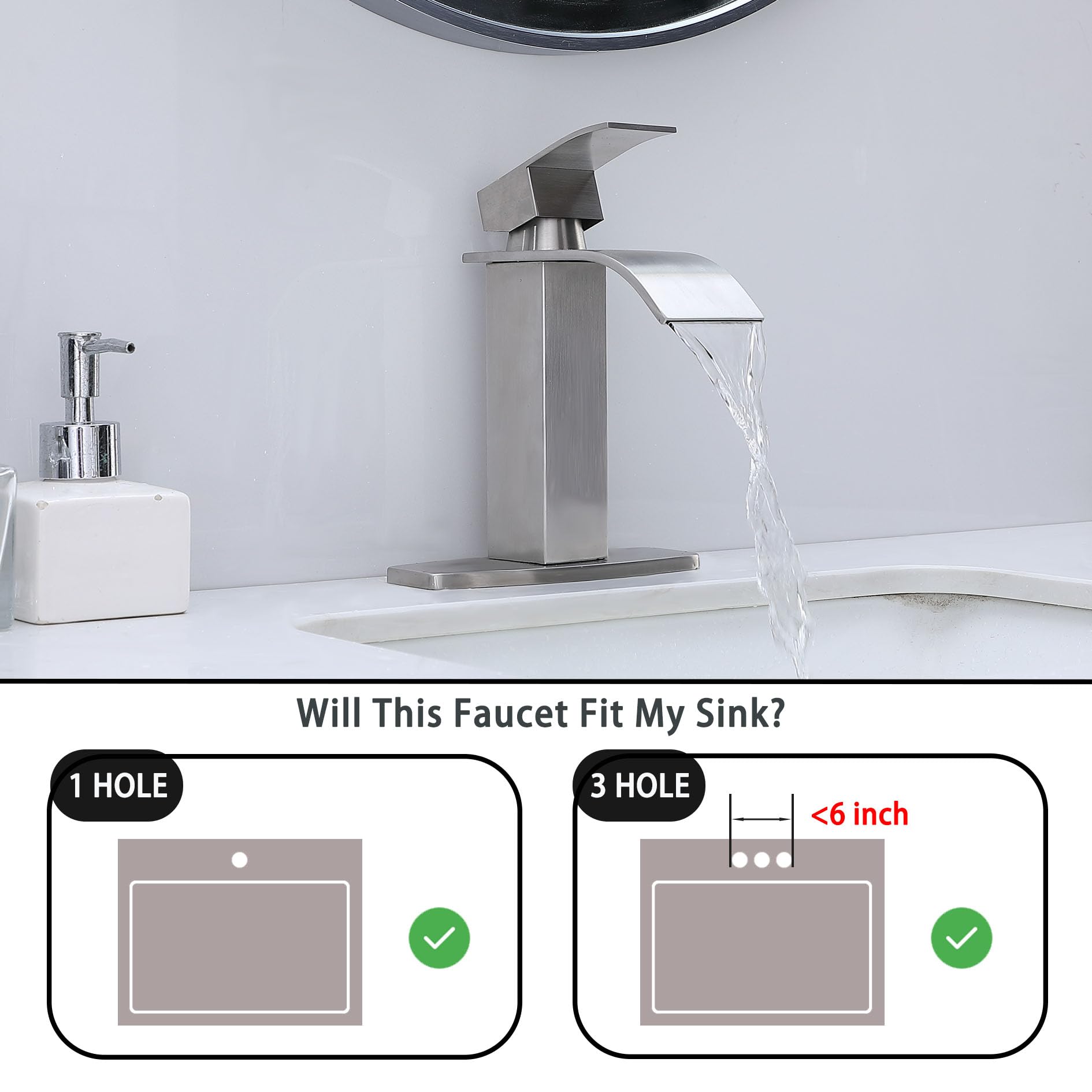 VAPSINT Brushed Nickel Waterfall Bathroom Faucet Modern Single Handle Bathroom Sink Faucet for 1 or 3 Hole Stainless — view 2