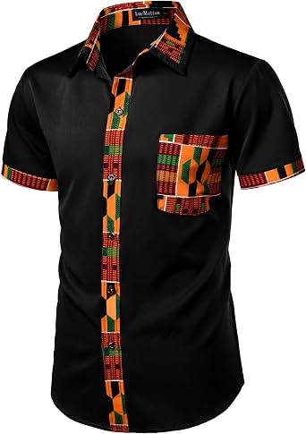 LucMatton Men's Kente Print Short Sleeve Button Down Dress Shirt African Attire Tribal Graphic Dashiki Shirts
