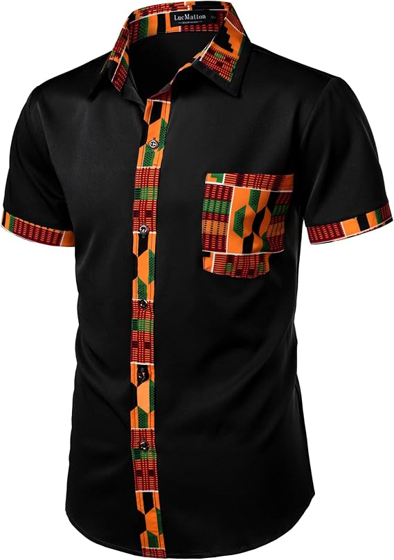 LucMatton Men's Kente Print Short Sleeve Button Down Dress Shirt African Attire Tribal Graphic Dashiki Shirts