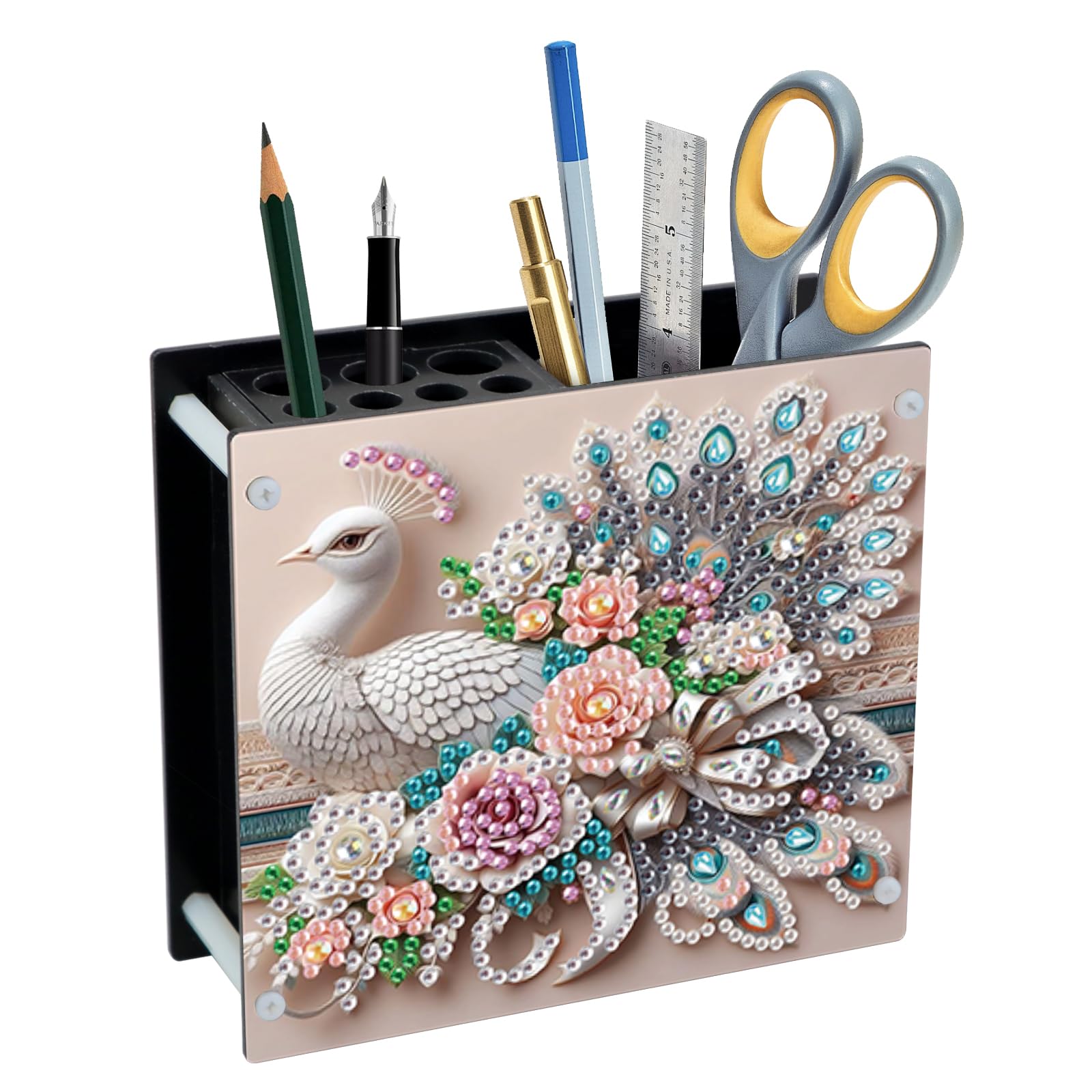 DIY 5D Acrylic Diamond Painting Pen Holder, Elegant Peacock Desk Organizer with Beads, Crystal Rhinestones Diamond Art Pencil Organizer for Home, Office &amp; Gift