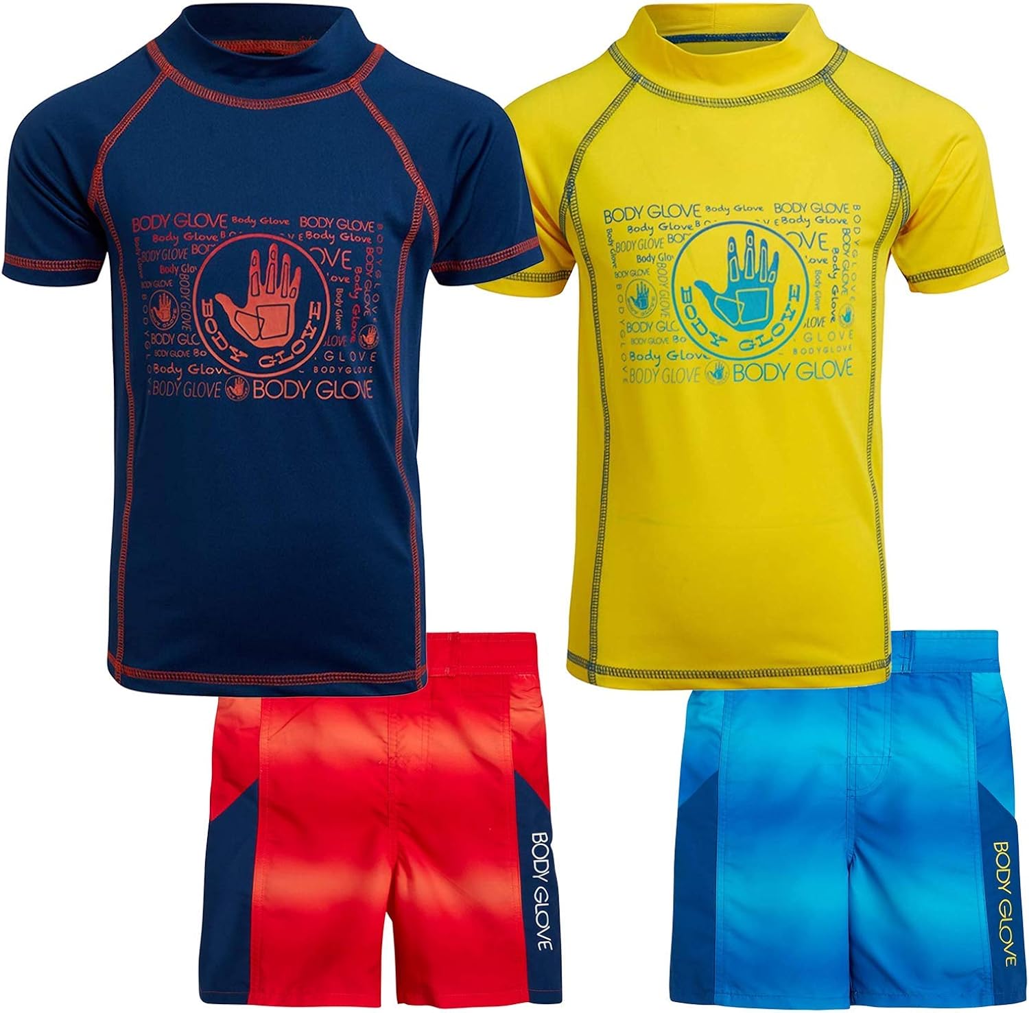Body Glove Boys' Rash Guard Set - 4 Piece UPF 50+ Short Sleeve Swim Shirt and Bathing Suit Swimsuit Set (Little Boy): Clothing, Shoes & Jewelry